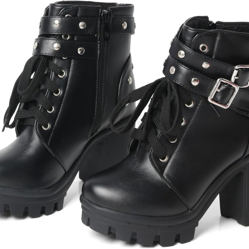Goth Boots Microfiber Chunky Heel Ankle Combat Zipper Punk Shoes Women
